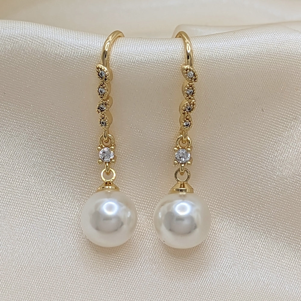 Oro Laminado Long Earring, Gold Filled Style Ball Design, with Ivory Pearl and White Micro Pave, Polished, Golden Finish