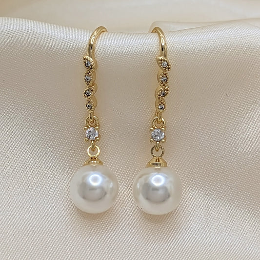 Oro Laminado Long Earring, Gold Filled Style Ball Design, with Ivory Pearl and White Micro Pave, Polished, Golden Finish