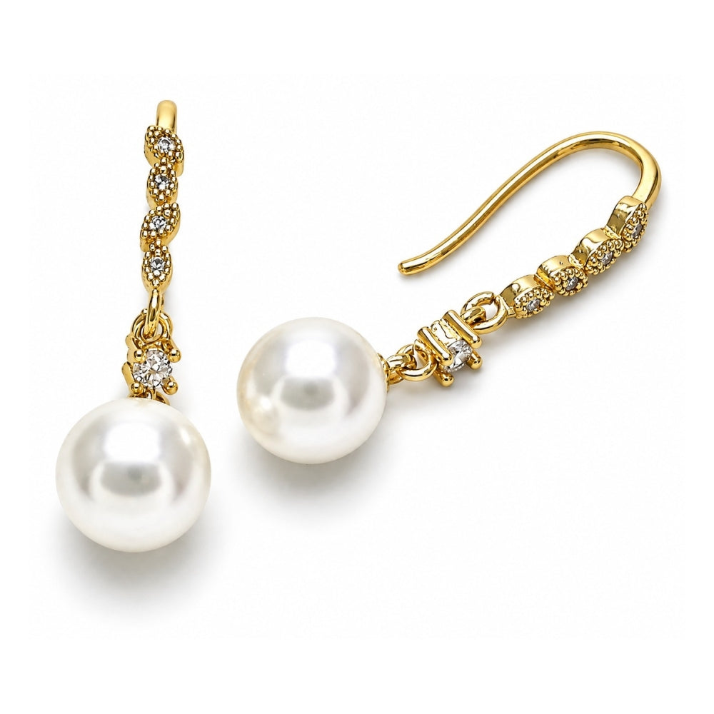 Oro Laminado Long Earring, Gold Filled Style Ball Design, with Ivory Pearl and White Micro Pave, Polished, Golden Finish