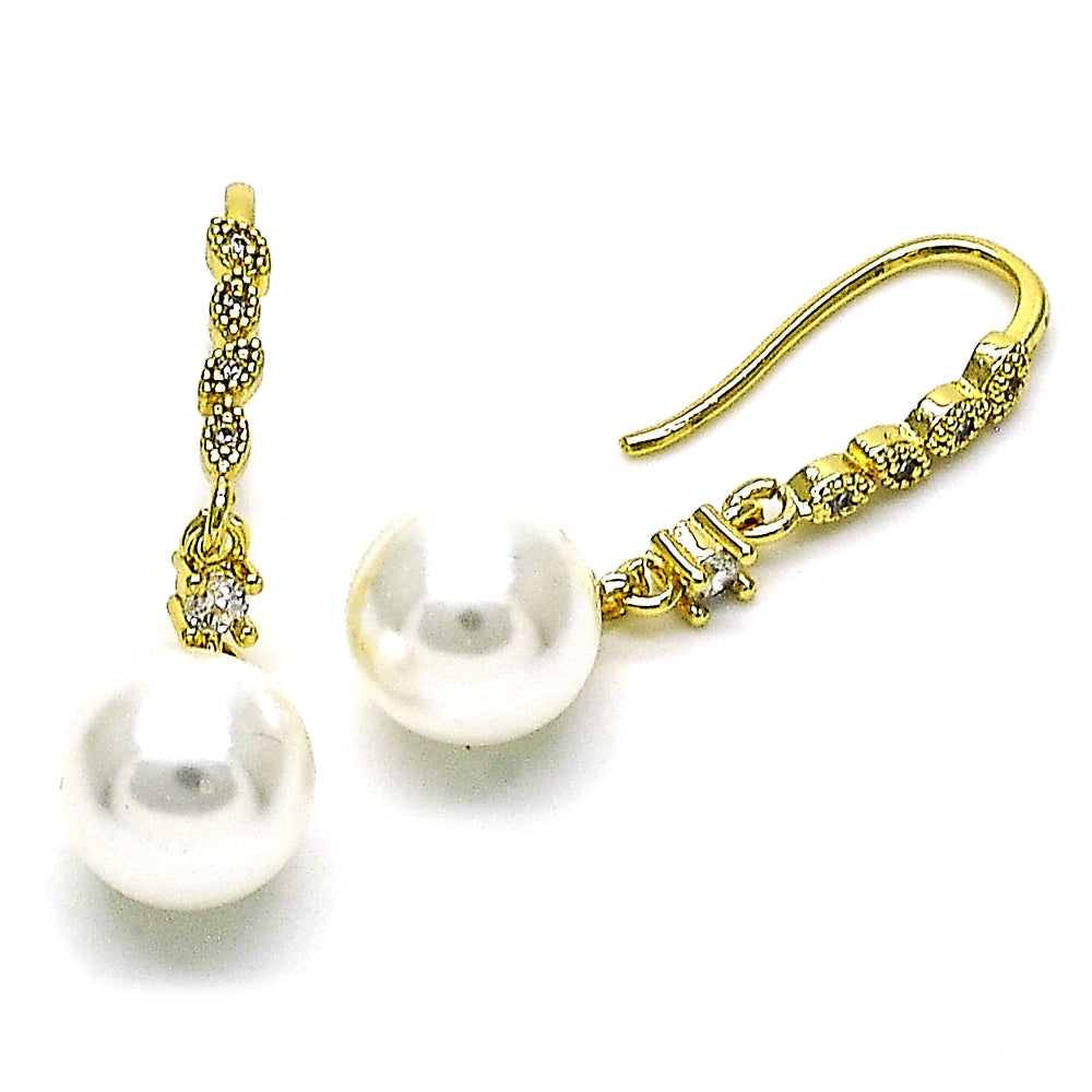 Oro Laminado Long Earring, Gold Filled Style Ball Design, with Ivory Pearl and White Micro Pave, Polished, Golden Finish