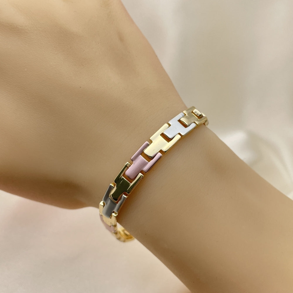 Oro Laminado Solid Bracelet, Gold Filled Style Polished, Tricolor