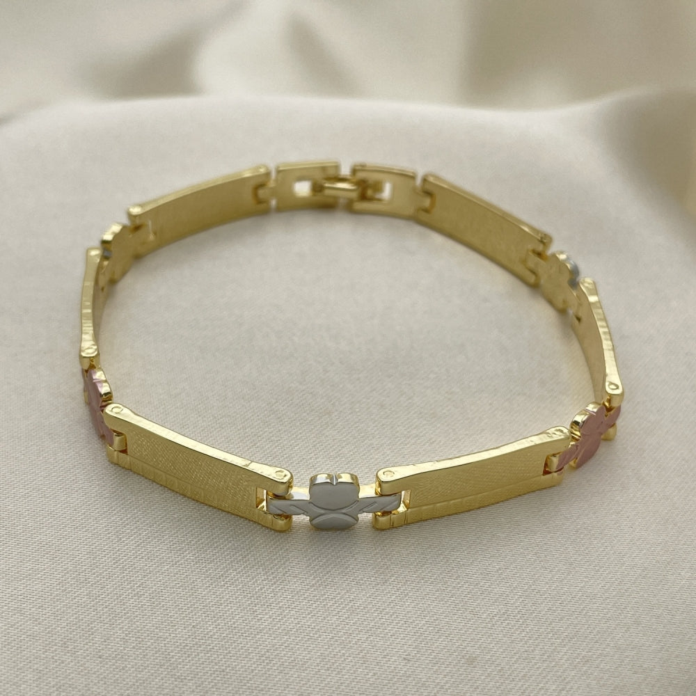Oro Laminado Solid Bracelet, Gold Filled Style Butterfly Design, Polished, Tricolor