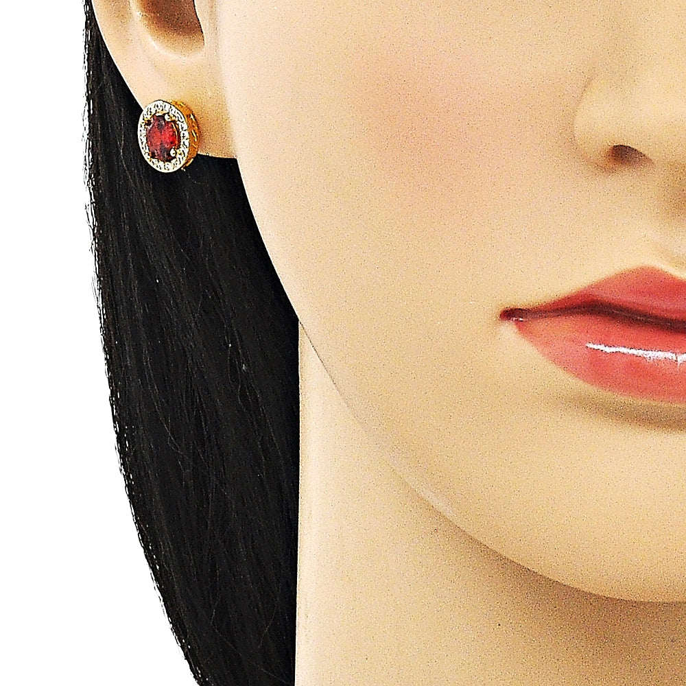 Oro Laminado Stud Earring, Gold Filled Style with Garnet Cubic Zirconia and White Micro Pave, Polished, Golden Finish