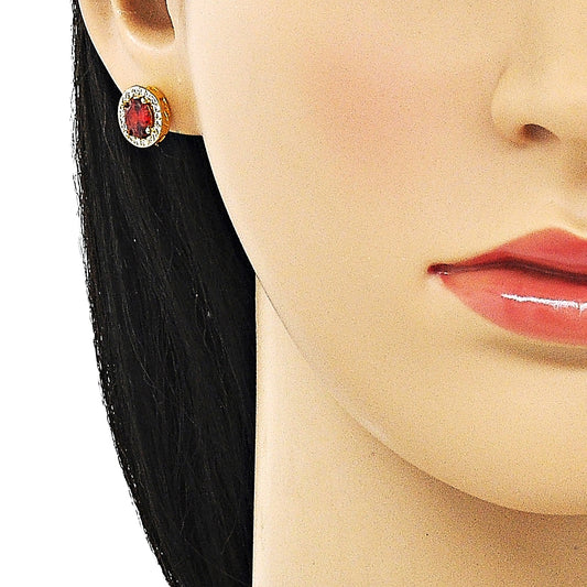 Oro Laminado Stud Earring, Gold Filled Style with Garnet Cubic Zirconia and White Micro Pave, Polished, Golden Finish