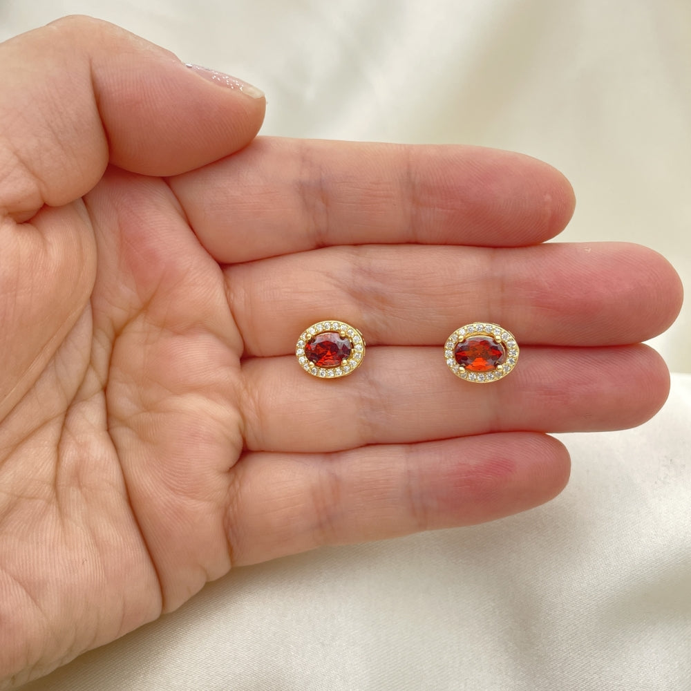 Oro Laminado Stud Earring, Gold Filled Style with Garnet Cubic Zirconia and White Micro Pave, Polished, Golden Finish