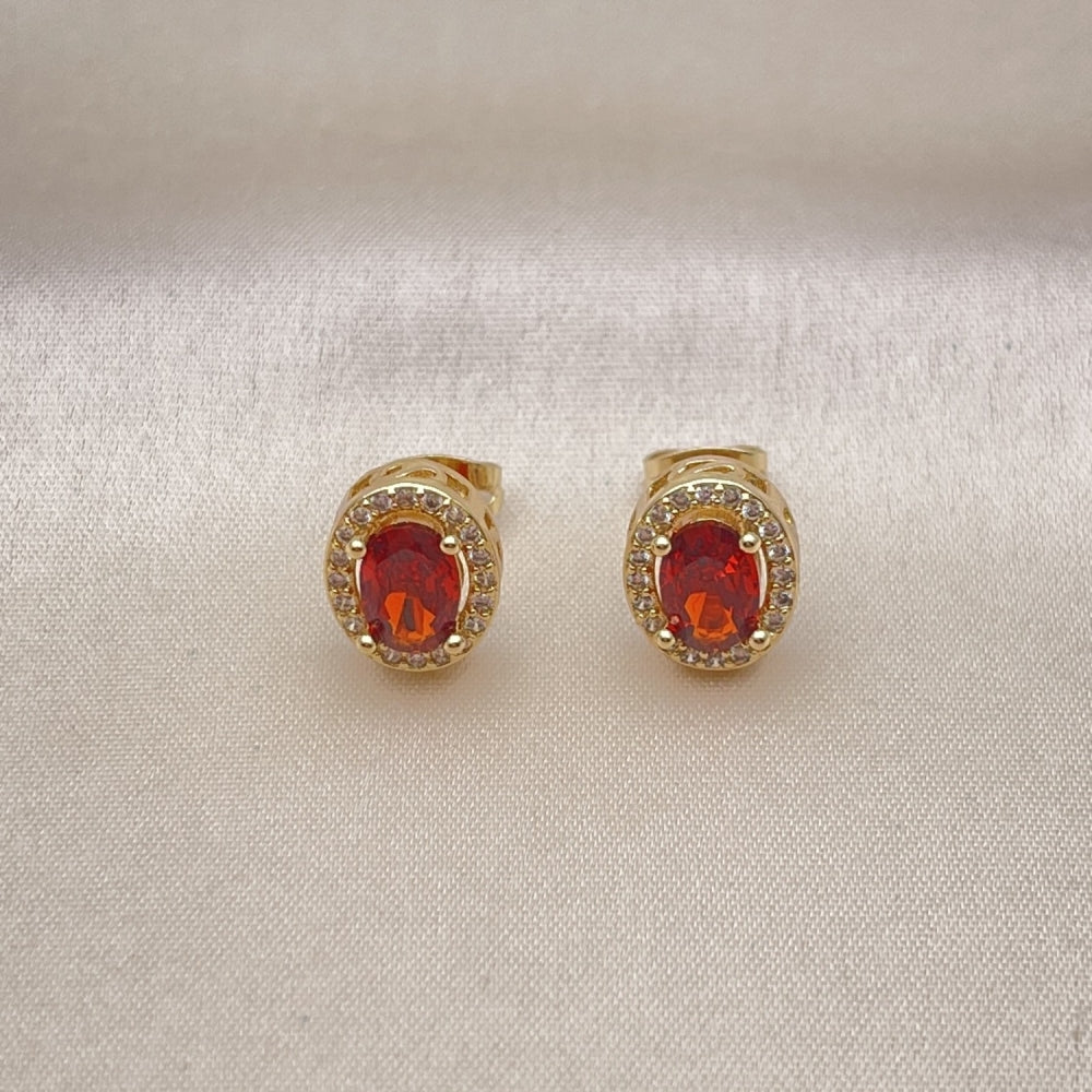 Oro Laminado Stud Earring, Gold Filled Style with Garnet Cubic Zirconia and White Micro Pave, Polished, Golden Finish