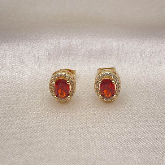 Oro Laminado Stud Earring, Gold Filled Style with Garnet Cubic Zirconia and White Micro Pave, Polished, Golden Finish