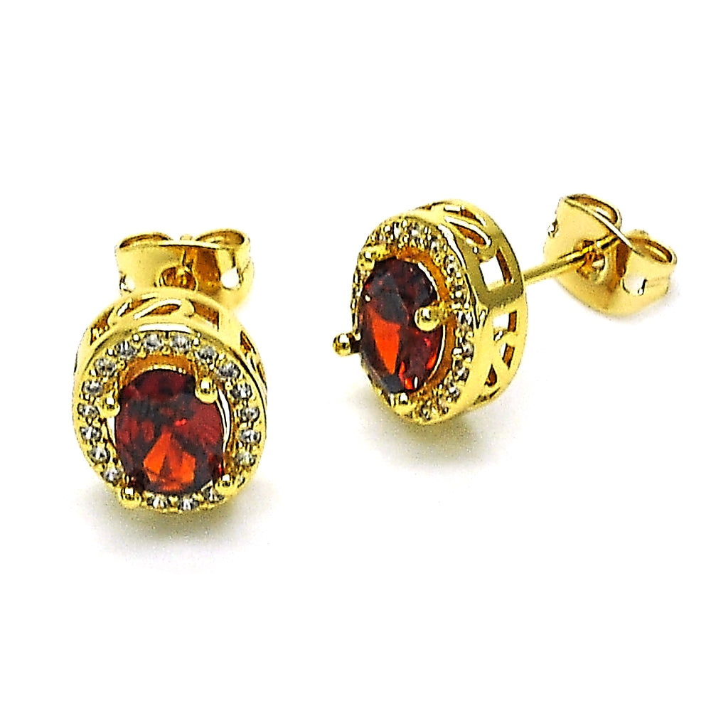 Oro Laminado Stud Earring, Gold Filled Style with Garnet Cubic Zirconia and White Micro Pave, Polished, Golden Finish