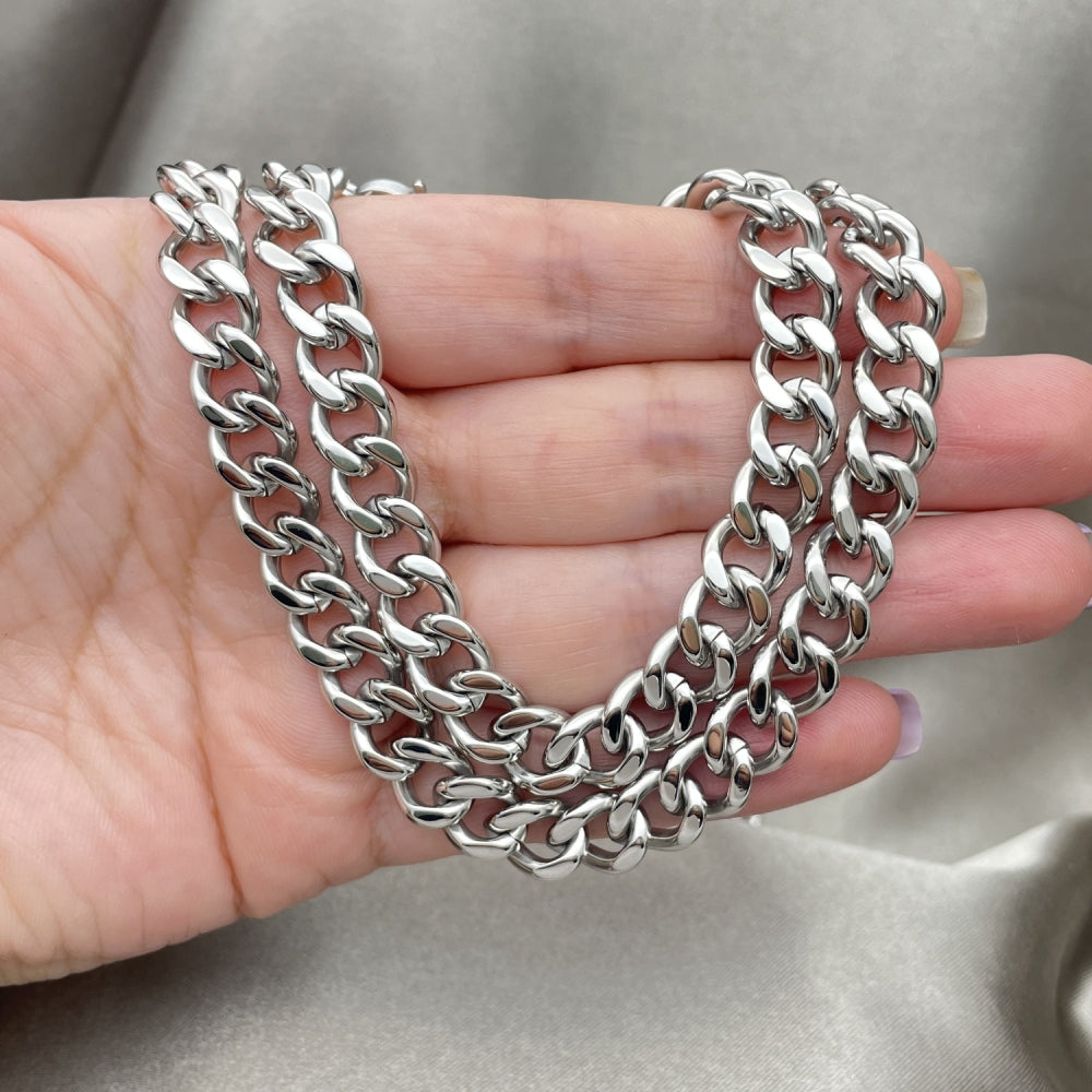 Stainless Steel Necklace and Bracelet, Miami Cuban Design, Polished, Raw