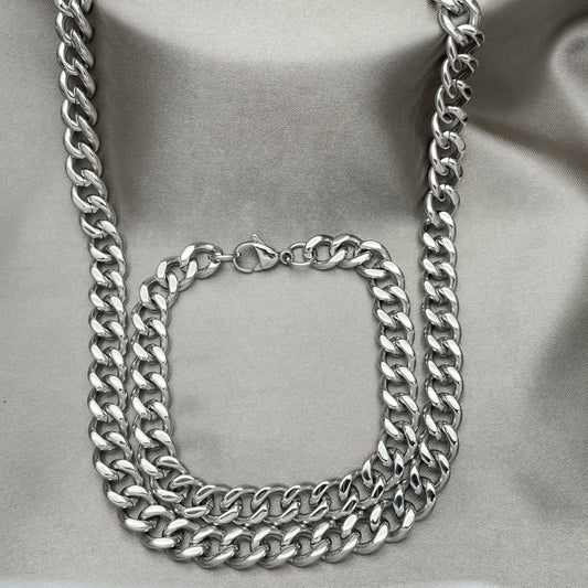 Stainless Steel Necklace and Bracelet, Miami Cuban Design, Polished, Raw