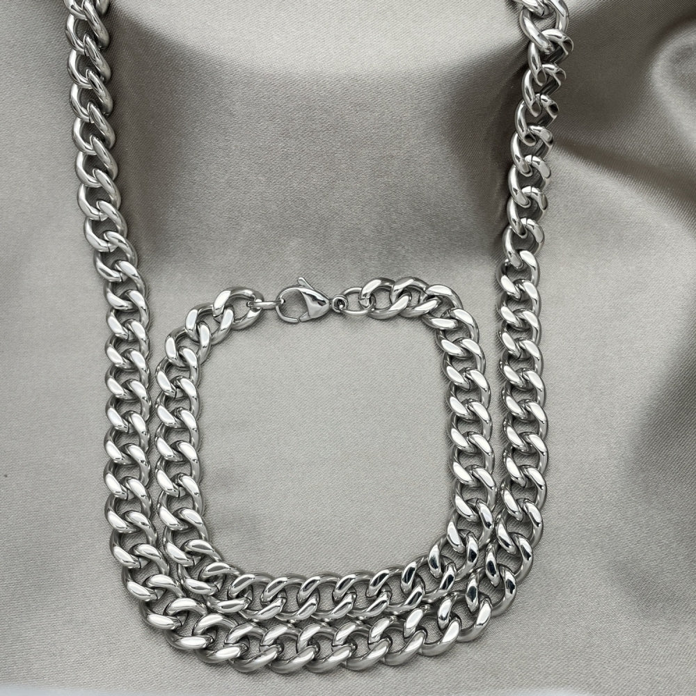 Stainless Steel Necklace and Bracelet, Miami Cuban Design, Polished, Raw