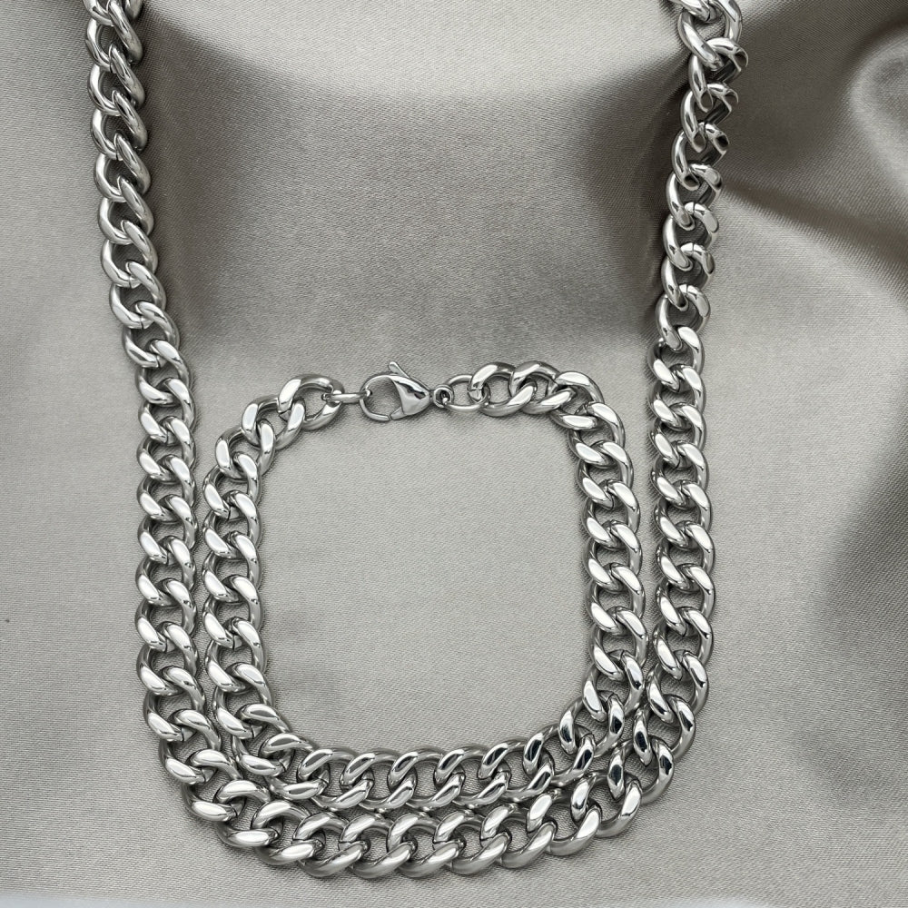 Stainless Steel Necklace and Bracelet, Miami Cuban Design, Polished, Raw