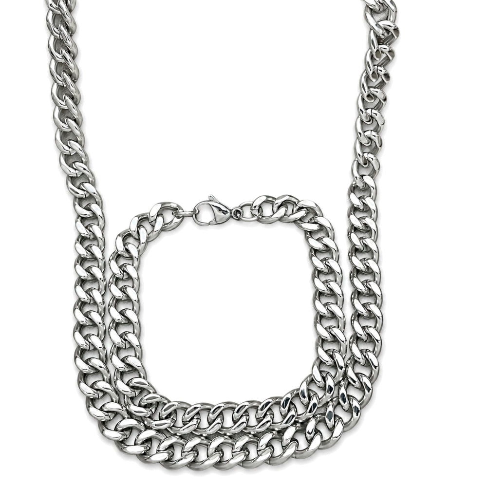 Stainless Steel Necklace and Bracelet, Miami Cuban Design, Polished, Raw