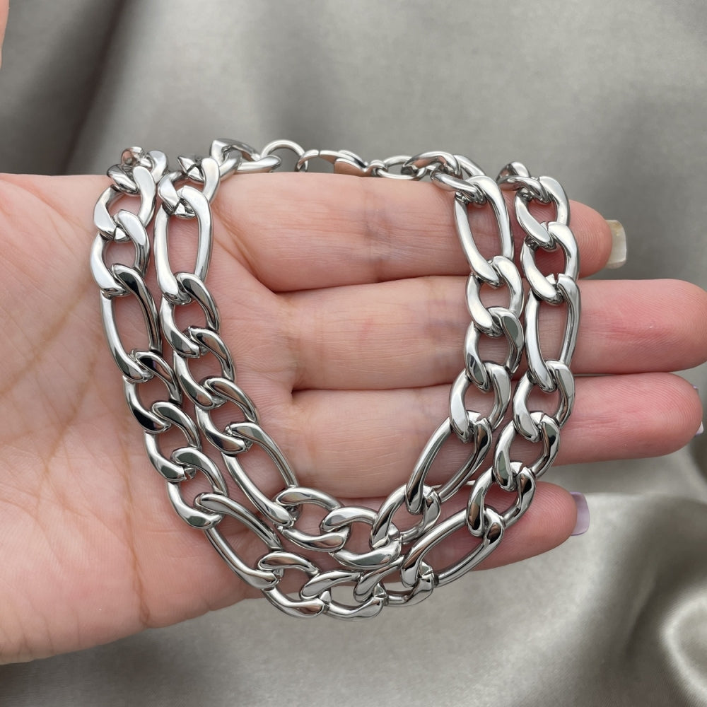Stainless Steel Necklace and Bracelet, Figaro Design, Polished, Raw