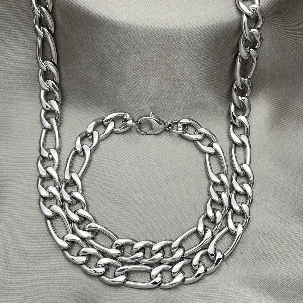 Stainless Steel Necklace and Bracelet, Figaro Design, Polished, Raw