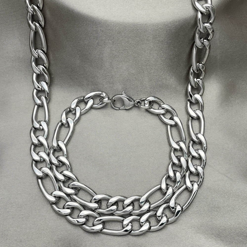 Stainless Steel Necklace and Bracelet, Figaro Design, Polished, Raw