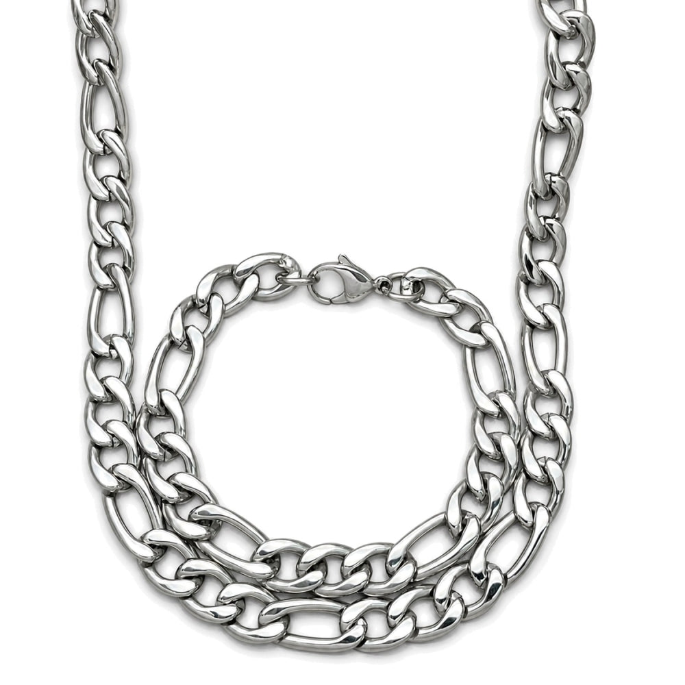 Stainless Steel Necklace and Bracelet, Figaro Design, Polished, Raw