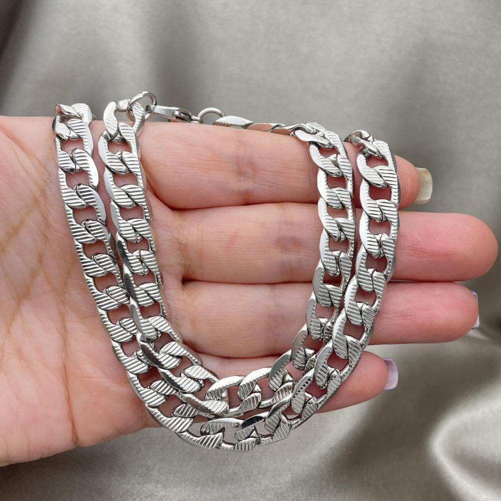 Stainless Steel Necklace and Bracelet, Pave Cuban Design, Diamond Cutting Finish, Raw