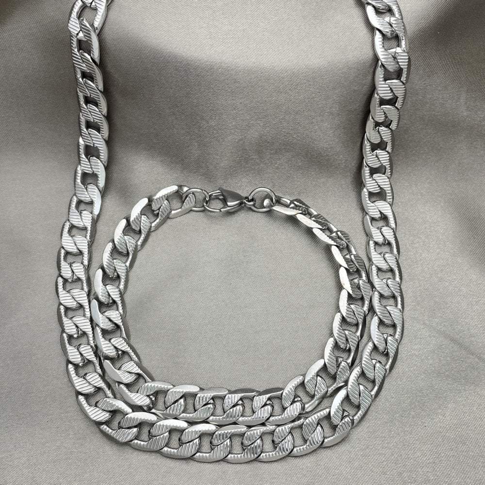 Stainless Steel Necklace and Bracelet, Pave Cuban Design, Diamond Cutting Finish, Raw