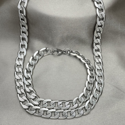 Stainless Steel Necklace and Bracelet, Pave Cuban Design, Diamond Cutting Finish, Raw