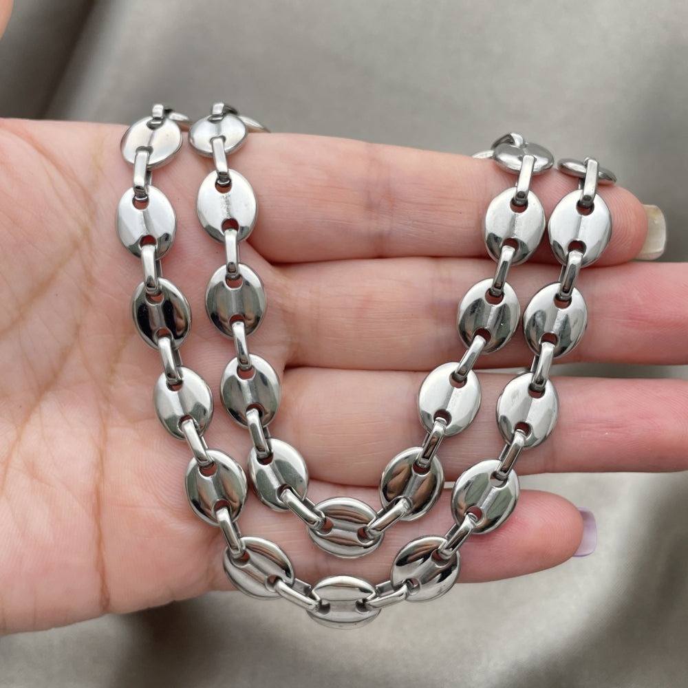 Stainless Steel Necklace and Bracelet, Puff Mariner Design, Polished, Raw
