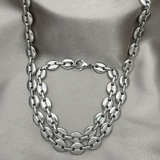 Stainless Steel Necklace and Bracelet, Puff Mariner Design, Polished, Raw