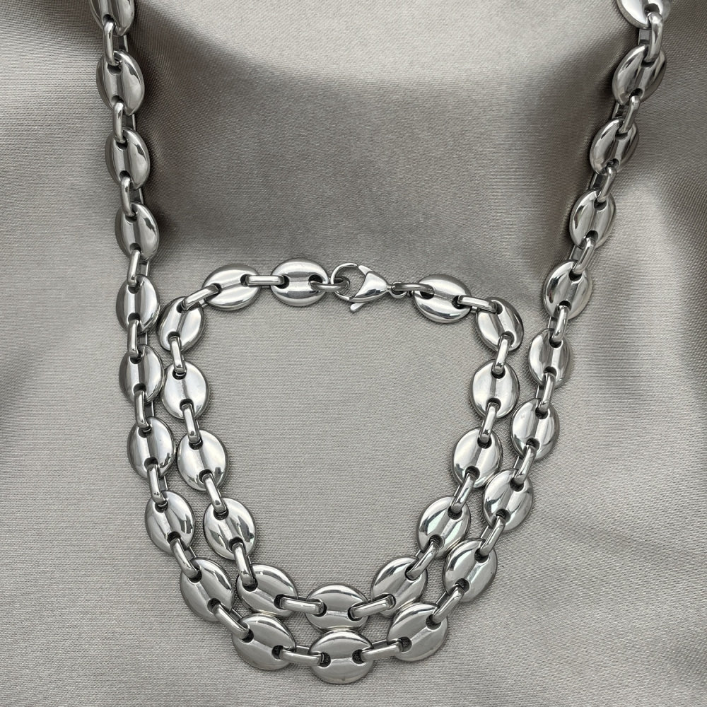 Stainless Steel Necklace and Bracelet, Puff Mariner Design, Polished, Raw