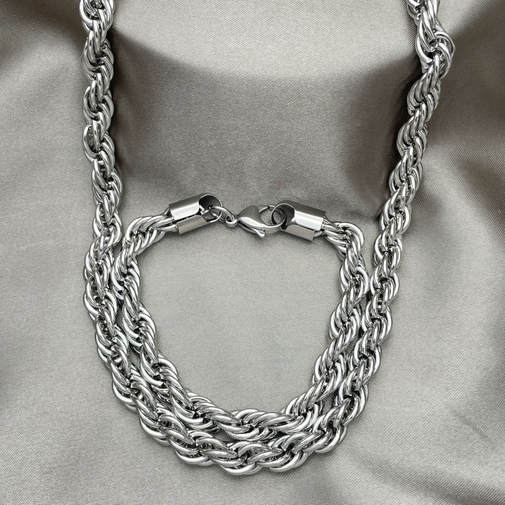 Stainless Steel Necklace and Bracelet, Rope Design, Polished, Raw