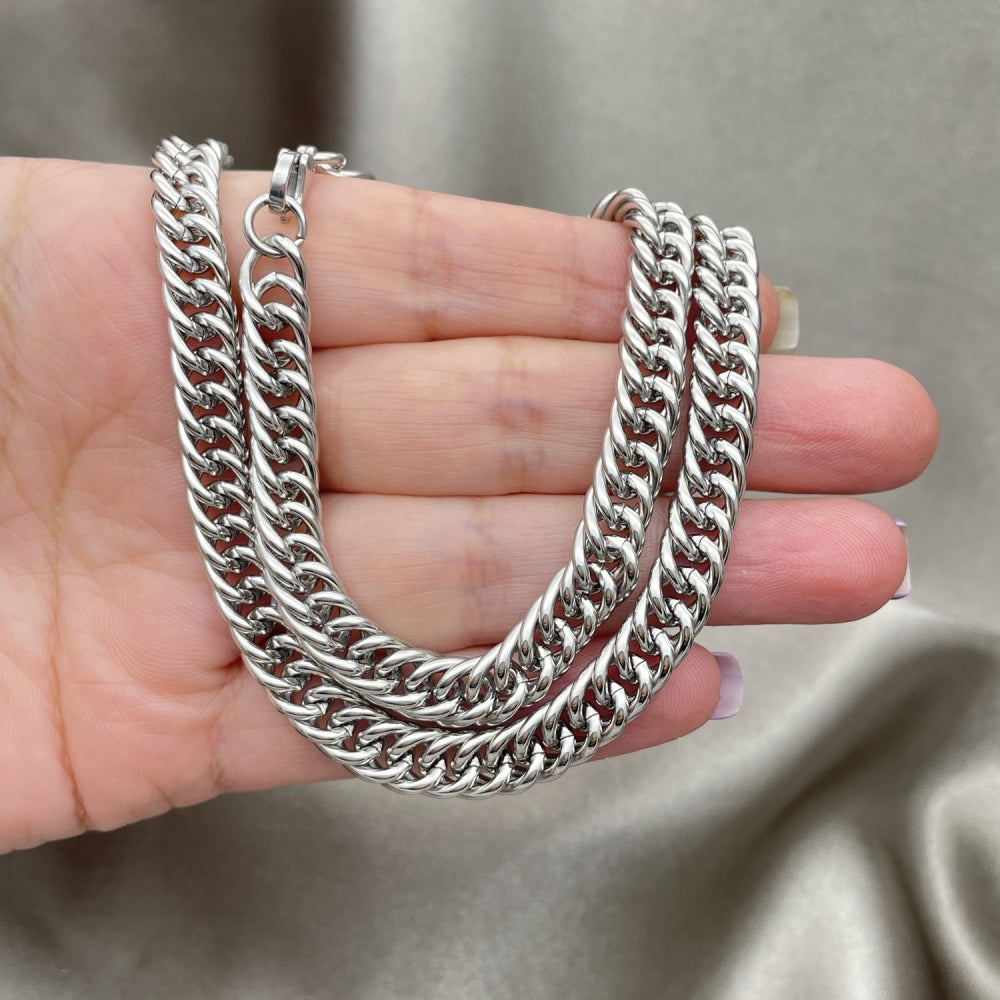 Stainless Steel Necklace and Bracelet, Miami Cuban Design, Polished, Raw