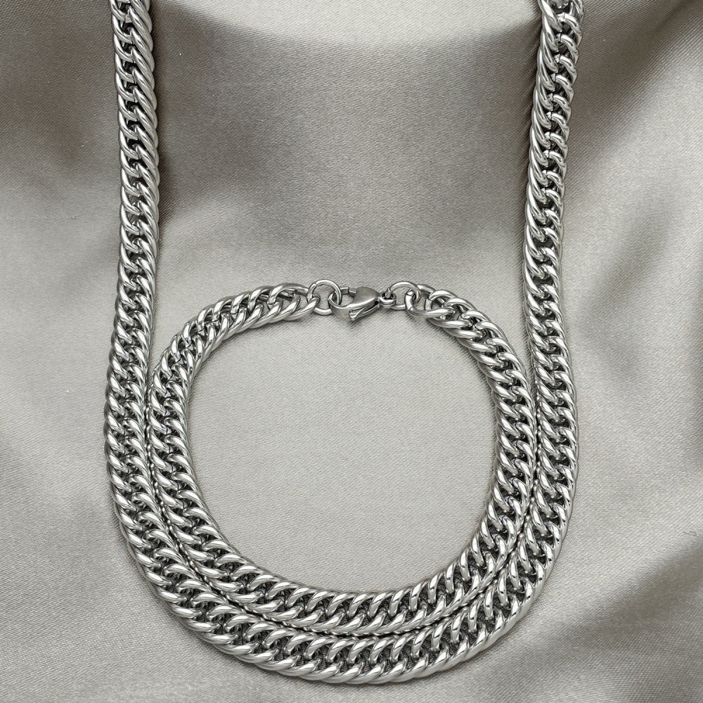 Stainless Steel Necklace and Bracelet, Miami Cuban Design, Polished, Raw