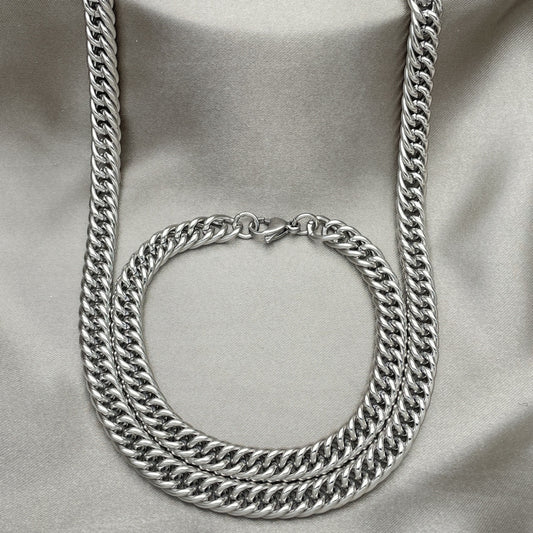 Stainless Steel Necklace and Bracelet, Miami Cuban Design, Polished, Raw