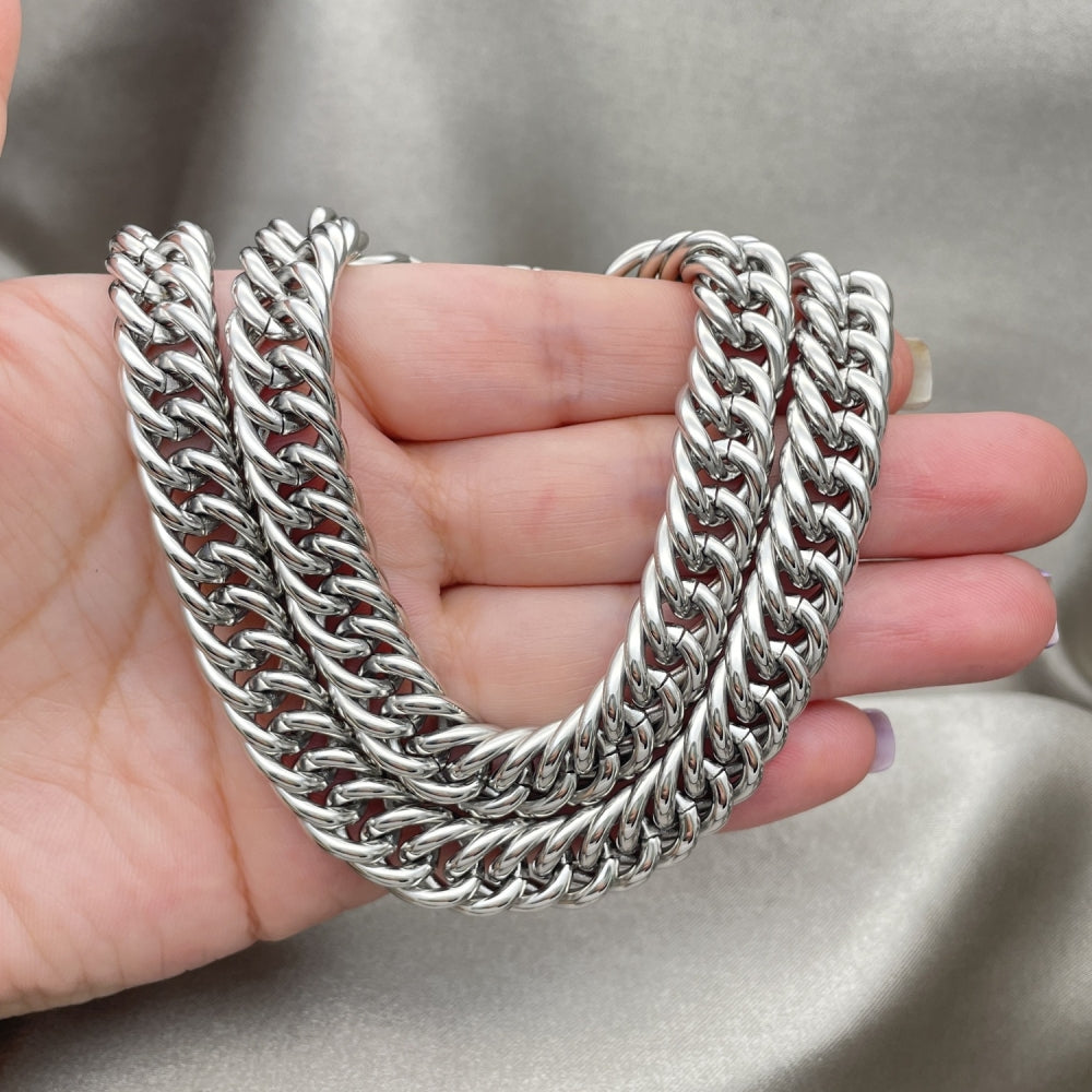 Stainless Steel Necklace and Bracelet, Miami Cuban Design, Polished, Raw