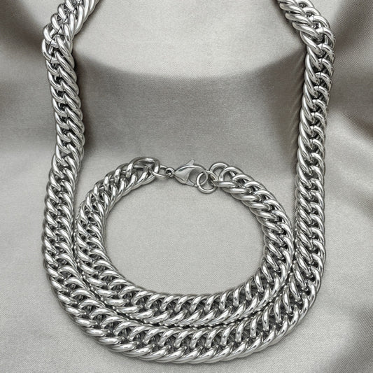 Stainless Steel Necklace and Bracelet, Miami Cuban Design, Polished, Raw
