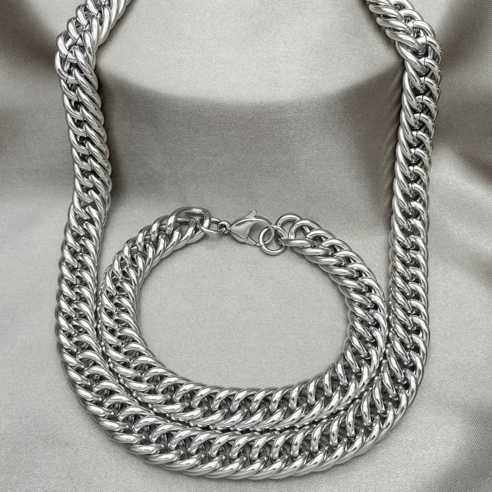 Stainless Steel Necklace and Bracelet, Miami Cuban Design, Polished, Raw