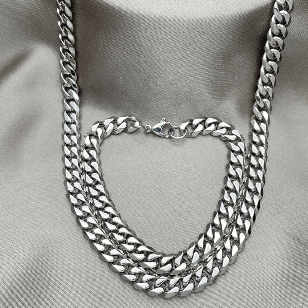 Stainless Steel Necklace and Bracelet, Concave Cuban Design, Polished, Raw