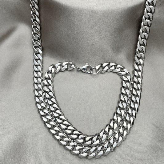 Stainless Steel Necklace and Bracelet, Concave Cuban Design, Polished, Raw