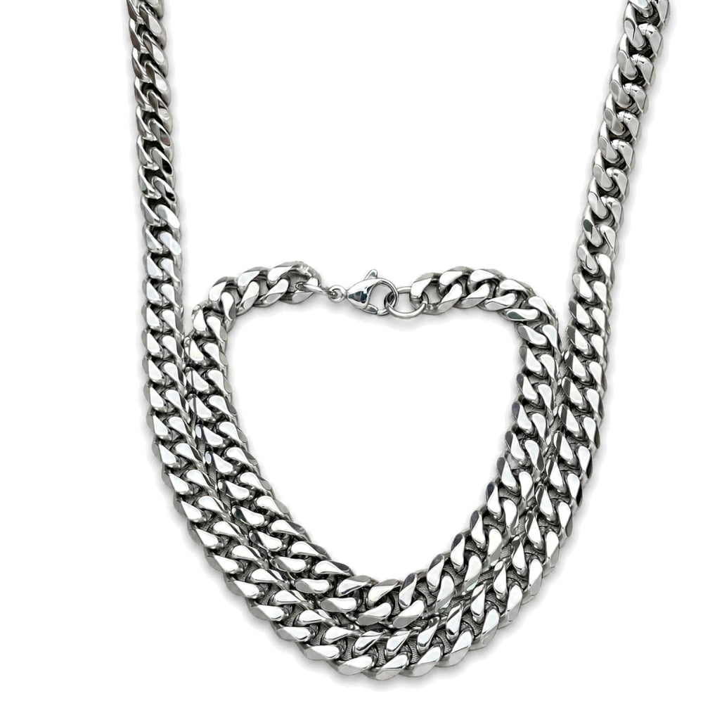 Stainless Steel Necklace and Bracelet, Concave Cuban Design, Polished, Raw