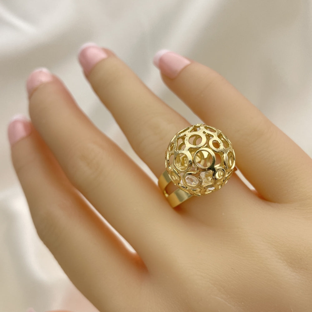Oro Laminado Elegant Ring, Gold Filled Style Ball and Filigree Design, with White Crystal, Polished, Golden Finish