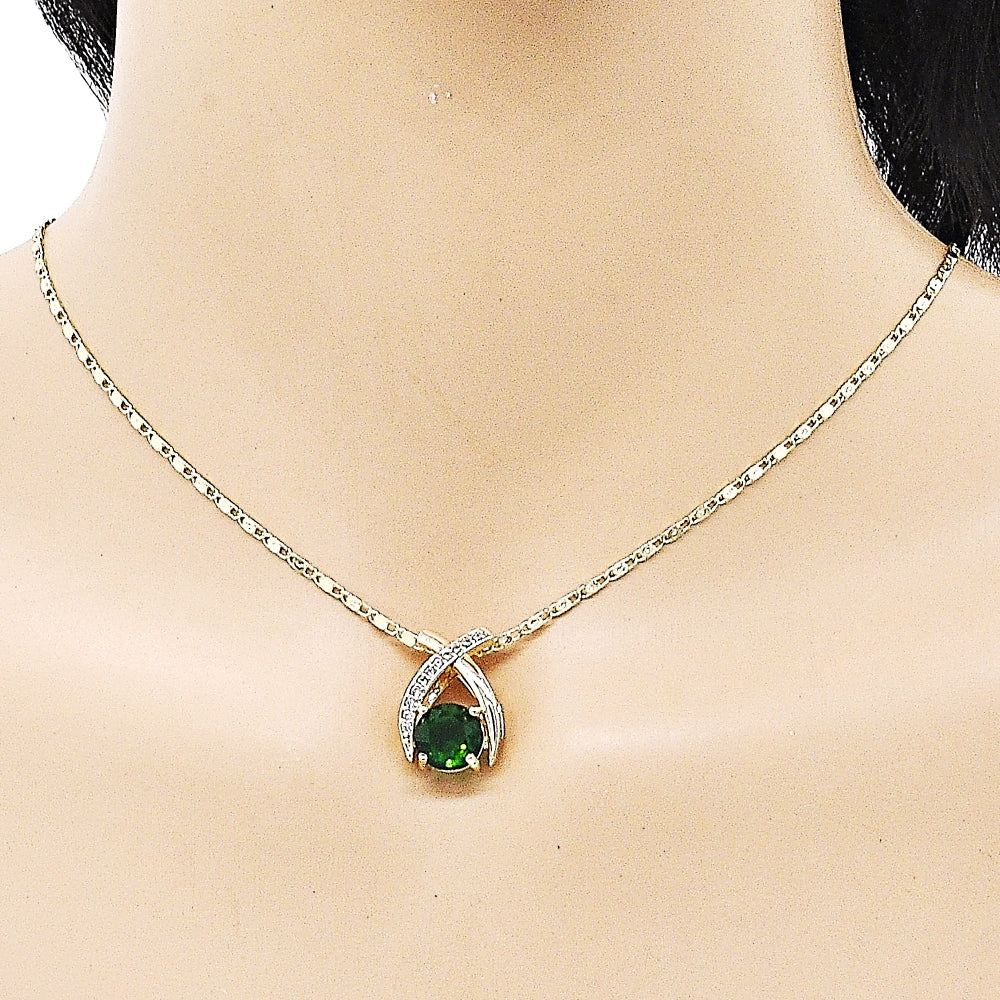 Oro Laminado Earring and Pendant Adult Set, Gold Filled Style with Green Cubic Zirconia and White Micro Pave, Polished, Golden Finish