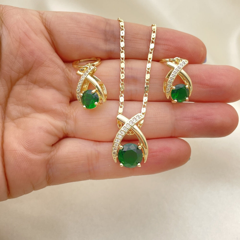 Oro Laminado Earring and Pendant Adult Set, Gold Filled Style with Green Cubic Zirconia and White Micro Pave, Polished, Golden Finish