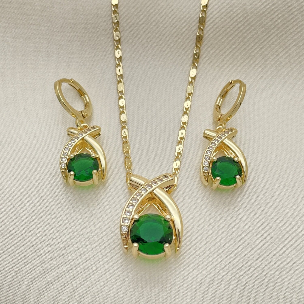 Oro Laminado Earring and Pendant Adult Set, Gold Filled Style with Green Cubic Zirconia and White Micro Pave, Polished, Golden Finish