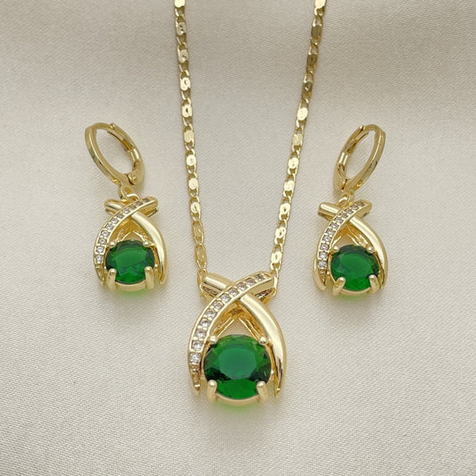 Oro Laminado Earring and Pendant Adult Set, Gold Filled Style with Green Cubic Zirconia and White Micro Pave, Polished, Golden Finish
