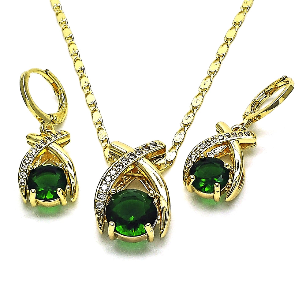 Oro Laminado Earring and Pendant Adult Set, Gold Filled Style with Green Cubic Zirconia and White Micro Pave, Polished, Golden Finish