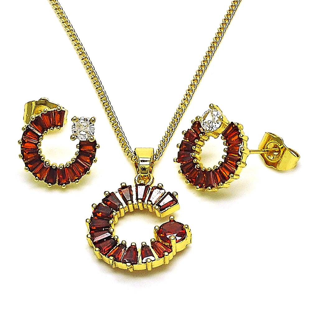 Oro Laminado Earring and Pendant Adult Set, Gold Filled Style Moon and Baguette Design, with Garnet and White Cubic Zirconia, Polished, Golden Finish