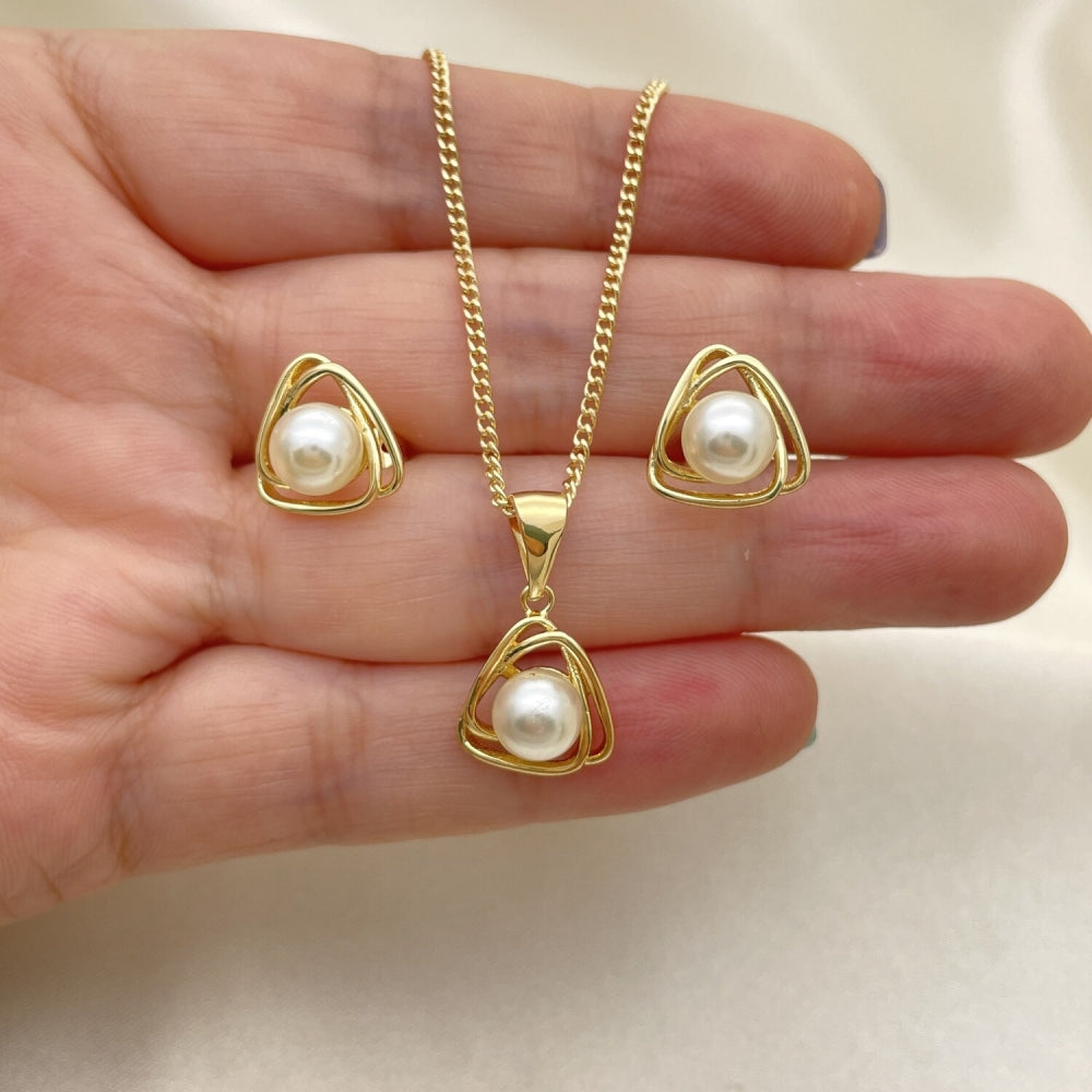 Oro Laminado Earring and Pendant Adult Set, Gold Filled Style with Ivory Pearl, Polished, Golden Finish