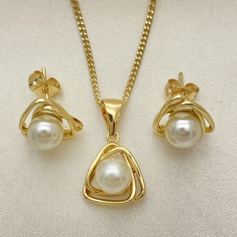Oro Laminado Earring and Pendant Adult Set, Gold Filled Style with Ivory Pearl, Polished, Golden Finish