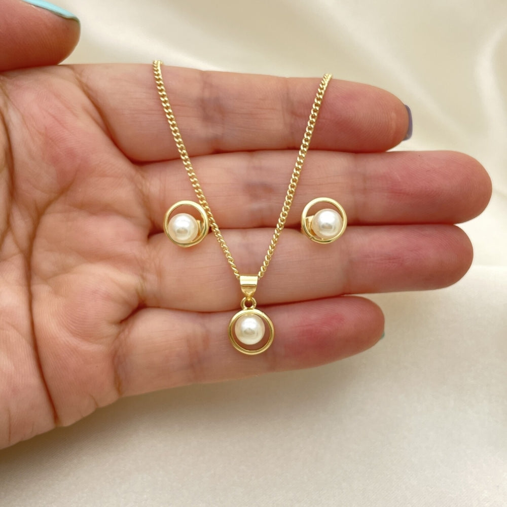 Oro Laminado Earring and Pendant Adult Set, Gold Filled Style with Ivory Pearl, Polished, Golden Finish