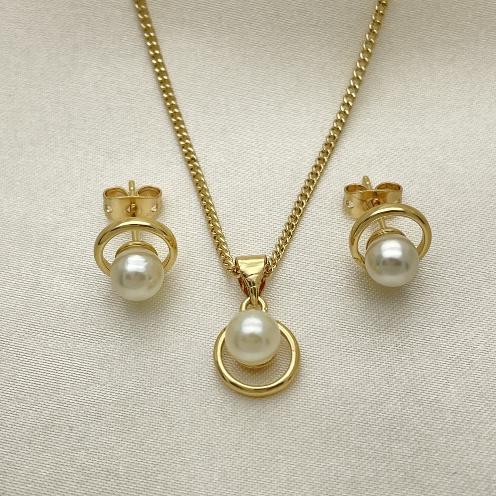 Oro Laminado Earring and Pendant Adult Set, Gold Filled Style with Ivory Pearl, Polished, Golden Finish