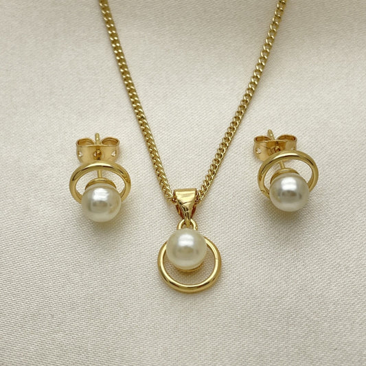 Oro Laminado Earring and Pendant Adult Set, Gold Filled Style with Ivory Pearl, Polished, Golden Finish
