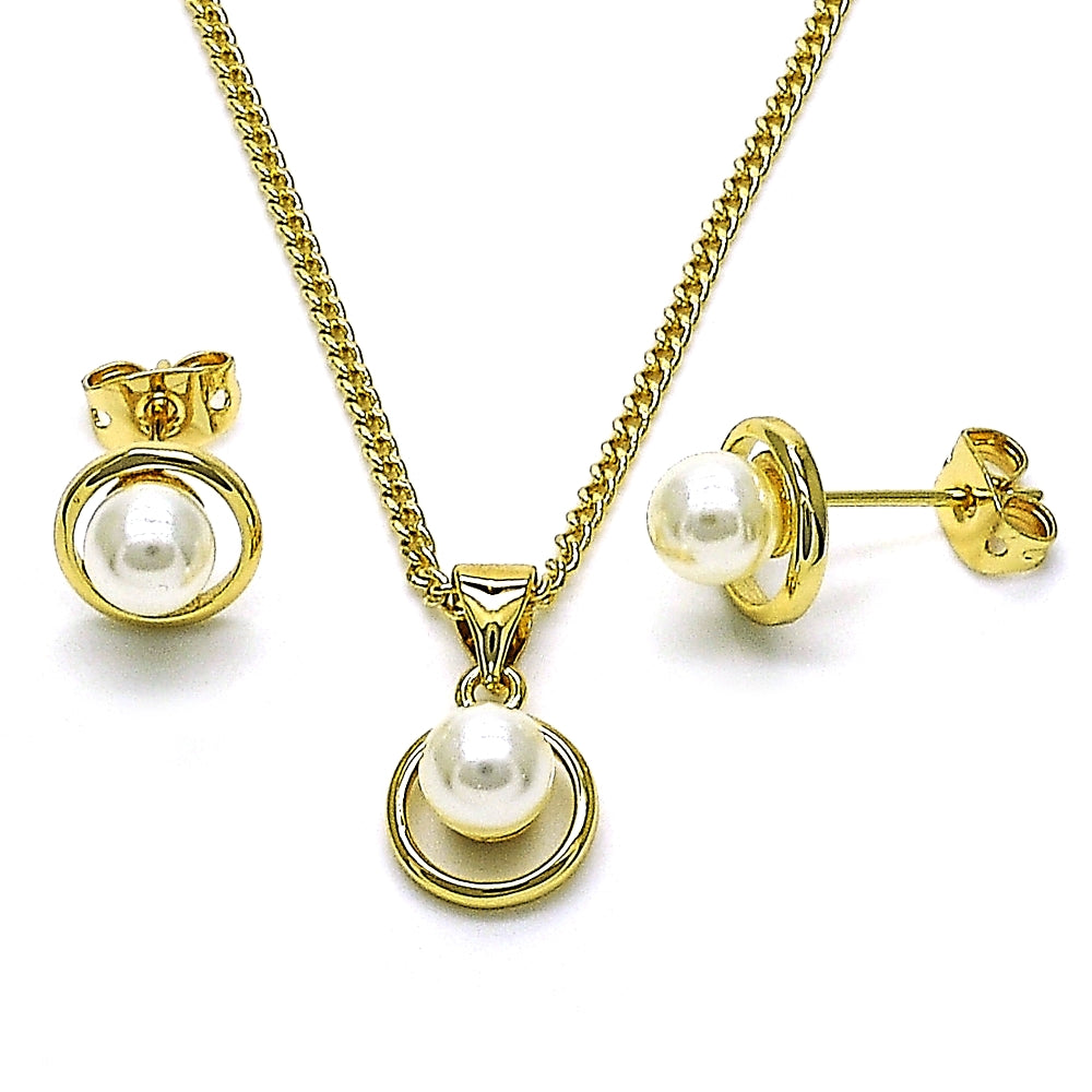 Oro Laminado Earring and Pendant Adult Set, Gold Filled Style with Ivory Pearl, Polished, Golden Finish